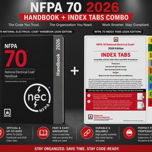 May include: The NFPA 70 2026 Handbook and Index Tabs Combo features a black hardcover book titled NFPA 70 National Electrical Code Handbook and a white sheet of color-coded adhesive index tabs for the 2026 edition, designed for electrical code reference.