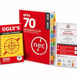 May include: A set of three electrical reference items including a yellow spiral-bound Ugly's Electrical References 2026 Edition book, a red NFPA 70 National Electrical Code 2026 book with colorful index tabs, and a clear plastic pack of index tabs.