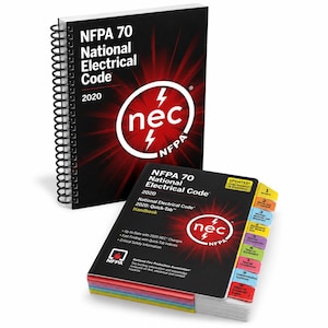 May include: Two copies of the 2020 NFPA 70 National Electrical Code book. One copy is spiral-bound with a black cover featuring red light rays and the white nec logo. The second copy has a black cover with colored index tabs along the side.