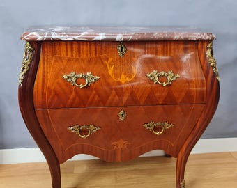 Signed Swedish Louis XV Style Bombé Commode by A. Sjöblom – Numbered Marquetry Nightstand with Marble Top & Bronze Mounts