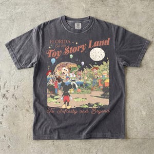 May include: A charcoal gray short-sleeve t-shirt featuring a graphic print with the text Florida Est. 2018 Toy Story Land and To Infinity and Beyond. The illustration depicts characters including Mickey Mouse, Woody, Buzz Lightyear, and Slinky Dog.