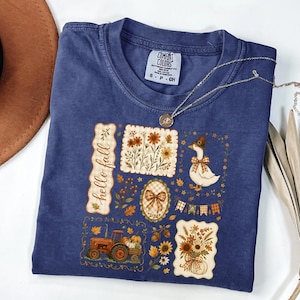 Camiseta Comfort Colors Hello Fall Otoño Vintage Pumpkin Patch Tee Goose Truck Floral Cottagecore Cozy Season Tshirt Camiseta de temporada de cosecha