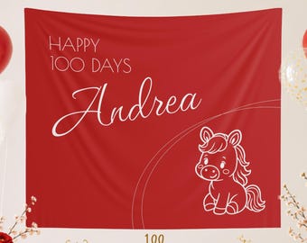 Personalized Chinese 100 Day Backdrop | Modern Red Year of the Horse Zodiac Tapestry