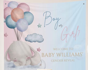 Custom Gender Reveal, Baby Elephant, Fabric Tapestry, Boy or Girl Backdrop, Personalized Baby Decor