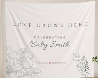 Custom Baby Shower Welcome Tapestry, Love Grows Here Floral Greenery, Personalized Welcome Sign Decor