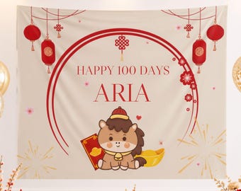 Personalized 100 Day Celebration Backdrop | Ivory Lucky Horse Zodiac Banner (Custom Name)