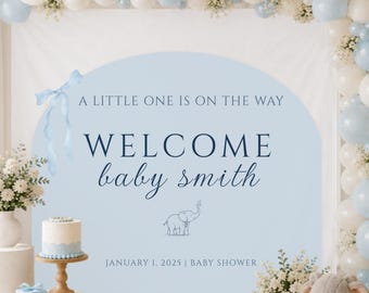 Personalized Elephant Baby Shower Welcome Tapestry, Blue Pink Green Fabric Sign