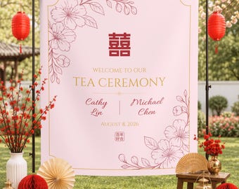 Custom Chinese Tea Ceremony Tapestry, Elegant Soft Blush Floral Fabric Sign