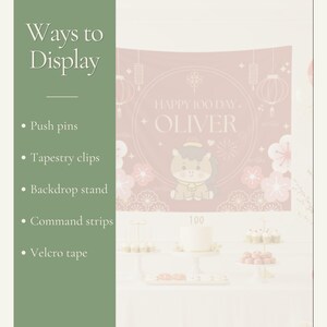 May include: A rectangular pink tapestry featuring the text HAPPY 100 DAY OLIVER, a cartoon horse, lanterns, and floral patterns. The left side has a green panel with the text Ways to Display followed by a list: Push pins, Tapestry clips, Backdrop stand, Command strips, and Velcro tape.
