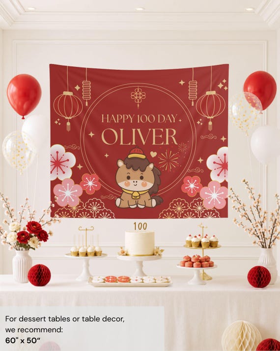 Personalized 100 Day Celebration Backdrop | Horse Zodiac, Asian Baby Party Decor