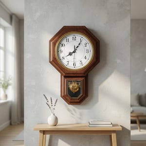 May include: A wooden wall clock with an octagonal frame and a white clock face. The clock has black Roman numerals and hands, with a gold-colored trim. The lower section features a pendulum and the word "REGULATOR".