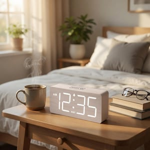 Pode incluir: Um despertador digital de madeira clara exibindo 12:35 AM, com uma xícara de café e livros em uma mesa de cabeceira de madeira. O relógio tem formato retangular com números LED brancos. A cena é ambientada em um quarto.