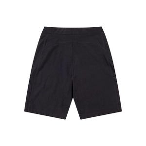 May include: Black knee-length shorts with a high waist and a tailored fit. The shorts have a clean, minimalist design, with a smooth, solid color and a subtle texture. The shorts are made of a durable fabric.