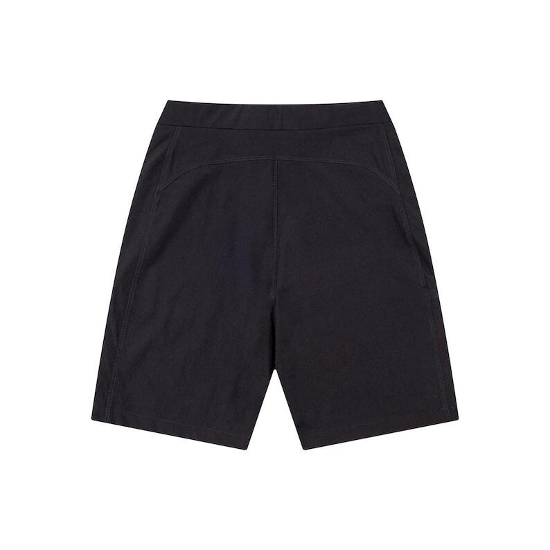 May include: Black knee-length shorts with a high waist and a tailored fit. The shorts have a clean, minimalist design, with a smooth, solid color and a subtle texture. The shorts are made of a durable fabric.