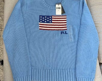 Polo Ralph Lauren Sky Blue Sweater – Classic Luxury Knit Pullover, US Flag Sweater