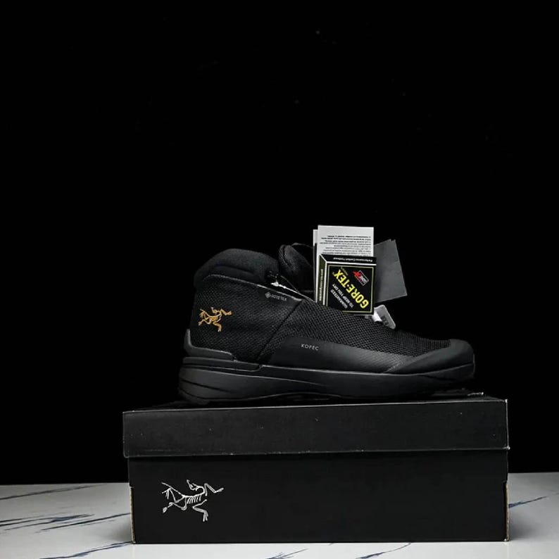 May include: Black hiking boot with a mesh upper, on a black box. The boot features a high-top design, a black sole, and a gold logo. A tag with 'GORE-TEX' is attached. The footwear is designed for outdoor activities.
