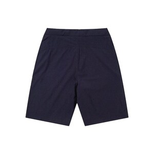 May include: Navy blue shorts with a tailored design. The shorts have a flat front and a clean, minimalist aesthetic. The fabric appears to be a lightweight, woven material, suitable for warm weather. The shorts are designed for comfort and style.