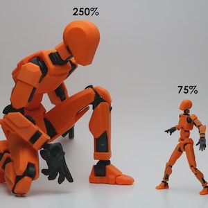 May include: Two orange articulated figures, one kneeling and the other standing, against a white background. The larger figure is labeled "250%" and the smaller one "75%", suggesting a size comparison. The figures have black joints.