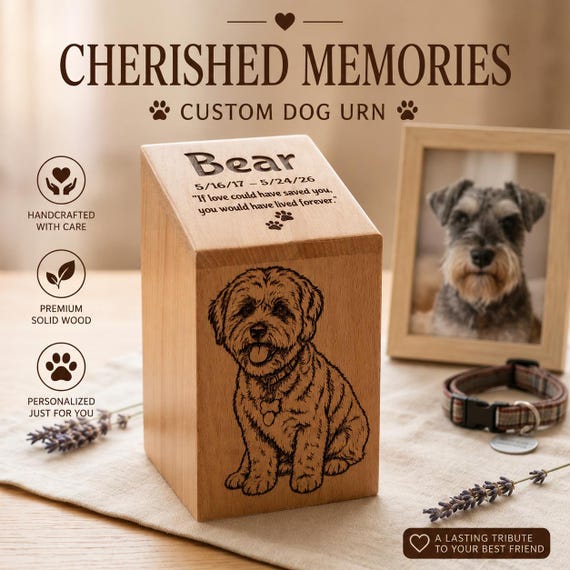 Custom wood-engraved pet urn with a photo — a genuinely meaningful, personalised keepsake that only a real craftsperson can make.
