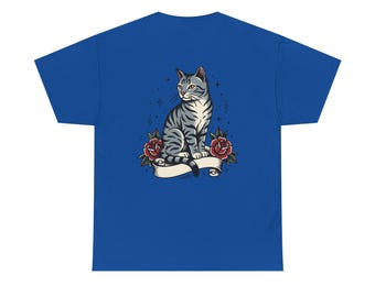 Grey Tabby Cat with Roses T-Shirt | Tattoo Style Cat Tee