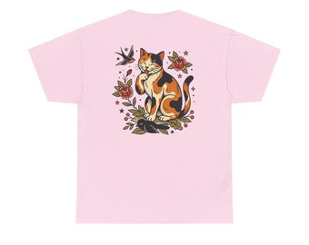Calico Cat Illustration Tee | Floral, Bird, Retro Tattoo Style