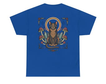 Mystic Black Cat Illustration Tee | Crystals, Mushrooms, Occult Art