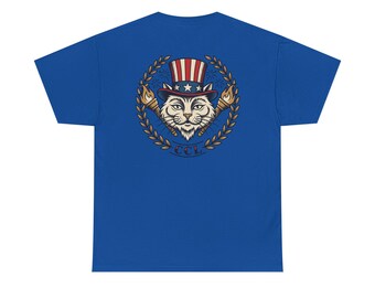 Patriotic Cat Illustration Tee | Uncle Sam Cat, Flag Hat, Laurel Wreath