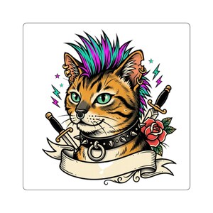 Punk Katze mit Mohawk quadratischen Aufklebern | Tattoo Style Kitty Aufkleber