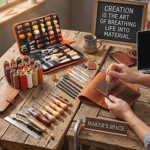May include: A leather crafting kit featuring an orange zippered case filled with spools of thread and metal tools, loose spools of thread, a metal ruler, a brown leather notebook, and a chalkboard sign that reads CREATION IS THE ART OF BREATHING LIFE INTO MATERIAL.