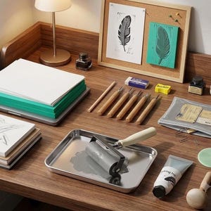 May include: A printmaking set on a wooden desk featuring a metal tray with a grey ink roller, a tube of black ink, five wooden carving tools, a pencil, an eraser, a sharpener, a cork board with feather prints, and stacks of paper.