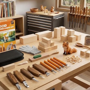 May include: A 23-piece wood carving knife kit in an orange box, featuring various wooden blocks, a black storage case, a gray cut-resistant glove, a sharpening strop with green compound, a carved fox figurine, and multiple carving tools with wooden handles.