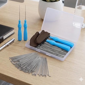 Kit de 100 agujas para fieltro, herramientas para fieltro de lana con 2 mangos de madera y dedales, suministros de manualidades para principiantes para proyectos de fieltro.