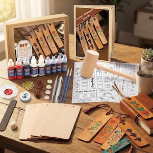 May include: A DIY leather bookmark craft kit including a wooden mallet, multiple blank leather strips, paint bottles, brushes, metal tools, a tutorial booklet, and printed pattern sheets. Several finished leather bookmarks with floral designs are displayed.