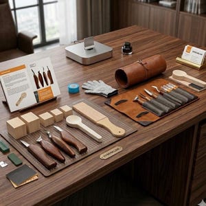 May include: A wood carving set displayed on a wooden desk. The set includes carving tools, wooden blocks, a leather tool roll, a sharpening strop, and a small booklet. The tools have wooden handles and metal blades. A business card holder is also visible.