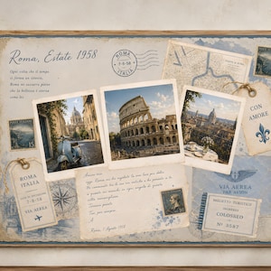 May include: A framed collage print titled Roma, Estate 1958 featuring three vintage-style photographs of Rome, including the Colosseum, alongside Italian postage stamps, handwritten script, a compass rose, and travel-themed paper tags.