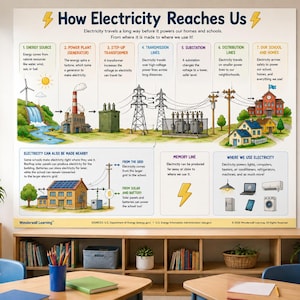 May include: An educational wall poster titled How Electricity Reaches Us, illustrating the journey of electricity from energy sources like wind and water through power plants, transformers, and substations to homes, schools, and local solar grids.