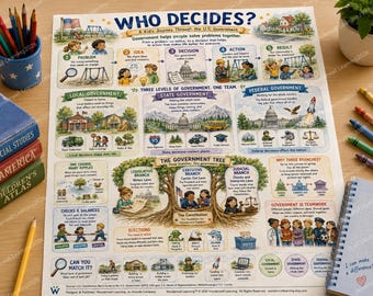 May include: An educational poster titled WHO DECIDES? A Kid's Journey Through the U.S. Government, featuring colorful illustrations of government branches, levels of authority, and civic processes with text explaining how the U.S. government functions.