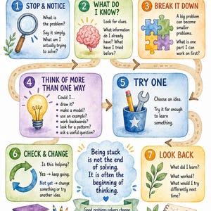 May include: An educational poster titled STUCK? TRY THIS. featuring seven numbered steps for problem-solving. Each step includes watercolor illustrations like a magnifying glass, brain, puzzle pieces, lightbulb, tools, and books, with text explaining the process.
