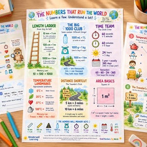 Puede incluir: Tres hojas de actividades educativas tituladas The Numbers That Run The World, con ilustraciones coloridas y texto que explica unidades de medida, tiempo y temperatura. Las hojas incluyen secciones como Length Ladder, Time Team y Area Basics.