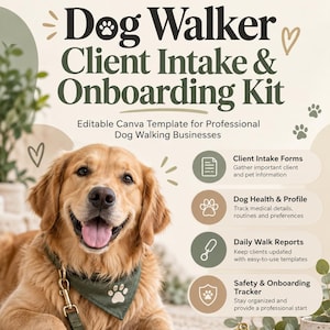 May include: A Dog Walker Client Intake & Onboarding Kit template featuring a golden retriever wearing a green bandana and leash. The document includes sections for client intake forms, dog health profiles, daily walk reports, and safety trackers.