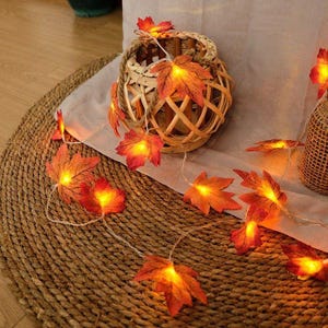 May include: A string of LED fairy lights featuring artificial maple leaves in shades of orange, red, and yellow. The lights are draped around a woven wicker basket and across a textured surface, with each leaf illuminated by a warm glow.