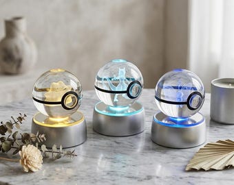 3D Crystal Ball Night Light | First Generation Anime Monster | Electric Mouse Laser Engraved Desk Lamp | 90s Nostalgia Gamer Gift