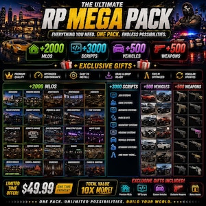 Fivem the one & only pack that you need. 2000+ MLOS + Scripts + Cars + Weapons + special gifts