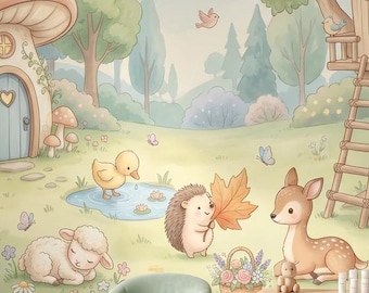 Woodland Nursery Wallpaper, Pastel Forest Animal Wall Mural, Cute Mushroom Peel Stick Baby Wall Decor, Kids Room Mural