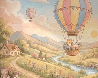 Pastell Luftballon Tapete, Kinderzimmer Wandbild zum Abziehen und Aufkleben, Kinder Landschafts-Vinylwanddekor, Babyzimmer Katze Vliestapete
