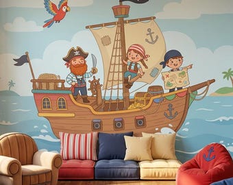 Pirate Ship Nursery Wallpaper, Cartoon Adventure Peel and Stick Wall Mural, Nautical Kids Room Wallpaper
