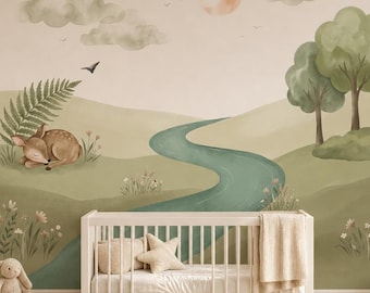 Carta da parati con cervi per la cameretta, murale con animali del bosco, decorazione murale autoadesiva per bambini, arte murale con foresta dai colori pastello