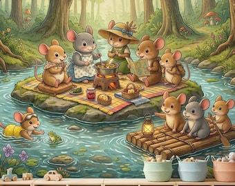 Papel de Parede Autoadesivo com Ratos na Floresta, Mural de Parede Não Tecido para Quarto Infantil, Decoração de Parede em Vinil com Animais da Floresta para Crianças