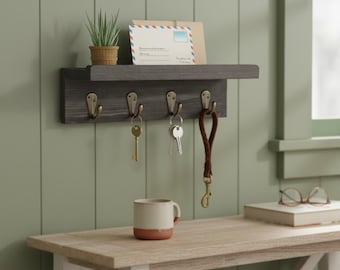 Rustieke sleutelhouder voor aan de muur, donkerhouten afwerking, antieke messing haken, brievenhouder voor de hal, decoratie voor thuis of op kantoor.