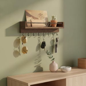 Wall Mounted Wooden Storage Shelf Rustic Brown Home Organizer with Plant Pot and Hooks for Entryway Decor